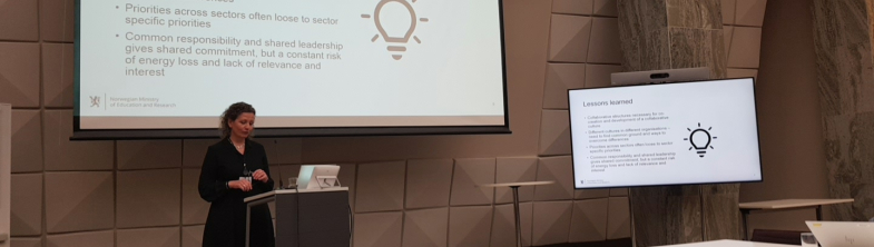 A person presenting at the front of a room