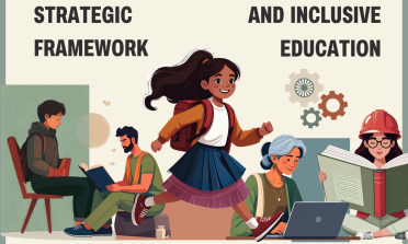 A poster with the title 'Implementing the EU Roma Strategic Framework: Roma access to quality and inclusive education', and a cartoon picture of a girl smiling as she walks through a classroom